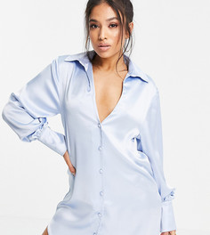 Свободное атласное платье-рубашка мини голубого цвета с глубоким вырезом ASOS DESIGN Petite-Голубой