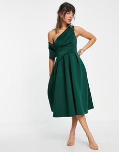 Зеленое платье миди для выпускного с открытыми плечами ASOS DESIGN-Зеленый цвет