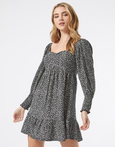 Черное платье мини в мелкий белый цветочек с вырезом сердечком Miss Selfridge-Черный