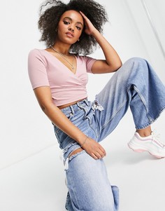 Розовый кроп-топ с запахом спереди ASOS DESIGN-Розовый цвет