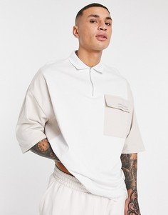 Футболка поло в стиле oversized на короткой молнии со вставками и принтом логотипа ASOS Unrvlld Spply-Светло-бежевый