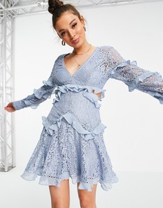 Пыльно-голубое кружевное платье мини с оборками и круговой отделкой ASOS DESIGN-Голубой