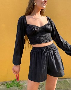 Черная блузка с чашечками, сборками и вышивкой ришелье Bershka-Черный