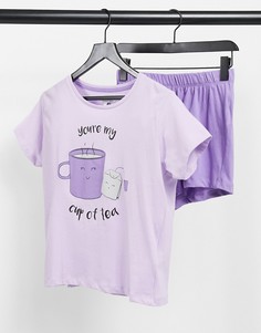 Сиреневая пижама с шортами и футболкой с принтом чайной кружки Brave Soul-Фиолетовый цвет