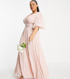 Плиссированное платье макси с расклешенными рукавами и атласным поясом на талии ASOS DESIGN Curve Bridesmaid-Розовый цвет