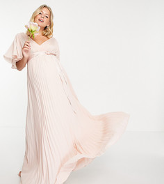 Плиссированное платье макси с расклешенными рукавами и атласным поясом на талии ASOS DESIGN Maternity Bridesmaid-Розовый цвет