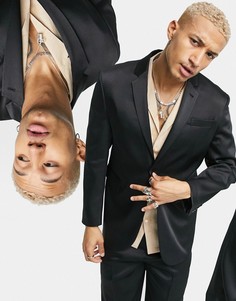 Черный блестящий пиджак-смокинг облегающего кроя с подплечниками ASOS DESIGN-Черный цвет