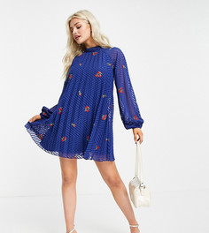 Темно-синее плиссированное платье мини трапециевидного кроя со сплошной вышивкой ASOS DESIGN Petite-Темно-синий