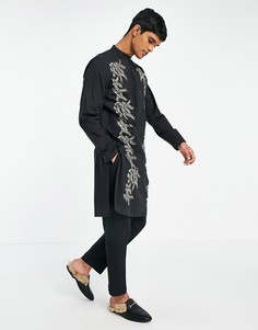 Черная длинная рубашка из меланжевого хлопкового полотна с отделкой ASOS DESIGN Kurta-Черный