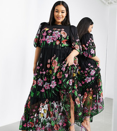 Черное платье-трапеция макси с вышивкой и объемными рукавами ASOS EDITION Curve-Многоцветный