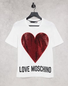 Белая футболка с логотипом и красным сердцем из пайеток Love Moschino-Белый