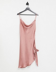 Атласное платье миди нежно-розового цвета со свободным воротом спереди и завязкой сбоку Lola May-Розовый цвет