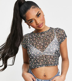 Эксклюзивный кроп-топ из сетки с цветочным принтом ASOS DESIGN Petite-Многоцветный