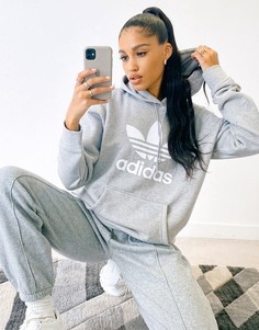 Серый худи с крупным логотипом adidas Originals