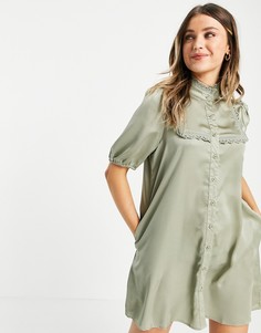 Шалфейное атласное платье мини с высоким воротом Lola May-Зеленый цвет