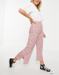 Розовые широкие брюки с разрезами по нижнему краю и цветочным принтом New Look-Розовый цвет