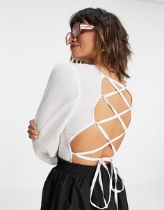 Льняной лонгслив цвета слоновой кости с ремешками на спинке ASOS DESIGN-Белый