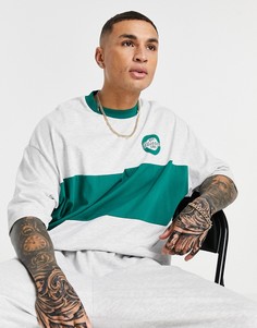 Серая меланжевая футболка в стиле oversized с горизонтальной окраской колор блок с принтом на груди от комплекта ASOS DESIGN-Серый