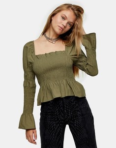 Присборенная блузка цвета хаки Topshop-Зеленый цвет