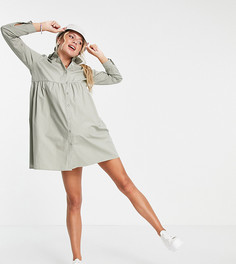 Хлопковое платье-рубашка мини цвета хаки с присборенной юбкой ASOS DESIGN Maternity-Зеленый цвет