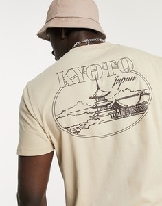 Бежевая футболка из органического хлопка с принтом "Kyoto" на спине ASOS DESIGN-Светло-бежевый