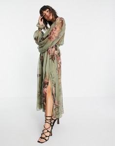 Платье миди с высоким воротником, присборенной отделкой и крупным цветочным принтом ASOS DESIGN-Многоцветный