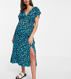 Синее свободное платье с цветочным принтом, завязкой на воротнике, оборками и длинными рукавами New Look Maternity-Голубой