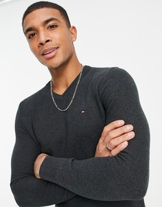 Тонкий структурный джемпер серого цвета с V-образным вырезом Tommy Hilfiger-Серый