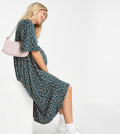 Свободное зеленое платье миди с цветочным принтом темно-зеленого цвета ASOS DESIGN Maternity-Зеленый цвет