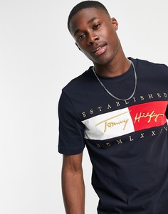 Темно-синяя футболка свободного кроя с фирменным флагом, логотипом и подписью Tommy Hilfiger-Темно-синий