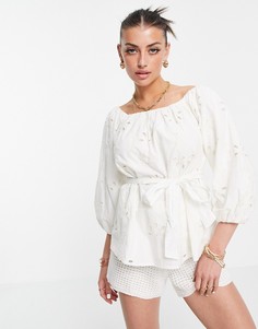 Кремовая блузка с открытыми плечами и вышивкой ришелье River Island-Белый