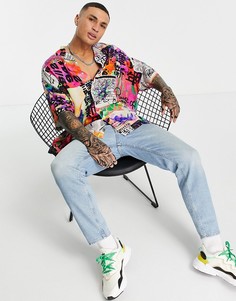 Яркая oversized-рубашка с неоновым коллажным принтом и отложным воротником ASOS DESIGN-Голубой