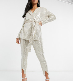 Трикотажные брюки узкого кроя с пайетками ASOS DESIGN Petite-Серебристый