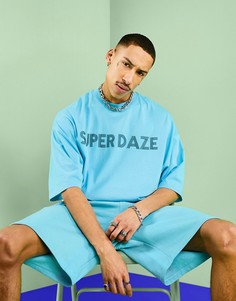Голубая oversized-футболка с текстовым принтом спереди от комплекта ASOS DESIGN-Голубой