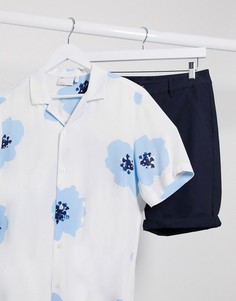 Синяя рубашка с отложным воротником и крупным цветочным принтом ASOS DESIGN-Белый