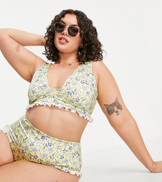 Трусы бикини с завышенной талией, цветочным принтом и оборками ASOS DESIGN Curve-Многоцветный