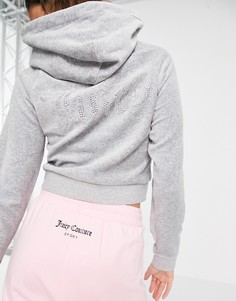 Серебристый велюровый худи с логотипом из стразов на спине от комплекта Juicy Couture