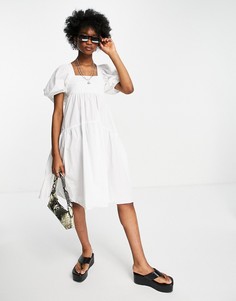 Белое ярусное платье из поплина до колена Topshop-Белый