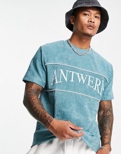 Футболка зеленого цвета в стиле oversized из махровой ткани с вышивкой названия города ASOS DESIGN-Голубой