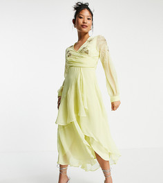 Светло-желтое платье миди c декоративной отделкой, запахом на талии, длинными рукавами и двухслойной юбкой ASOS DESIGN Petite-Голубой