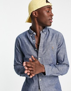 Рубашка узкого кроя из шамбре цвета темного индиго с застежкой на пуговицы и логотипом игрока Polo Ralph Lauren-Голубой