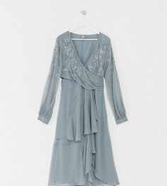 Платье миди c декоративной отделкой, запахом на талии, длинными рукавами и двухслойной юбкой ASOS DESIGN Curve-Голубой