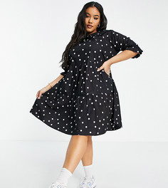 Поплиновое приталенное платье мини в горошек с оборками на воротнике New Look Curve-Черный цвет