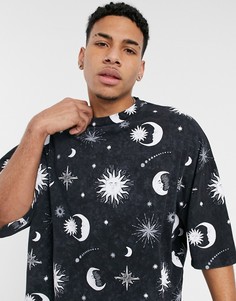 Черная выбеленная oversized-футболка со сплошным астрологическим принтом ASOS DESIGN-Черный цвет