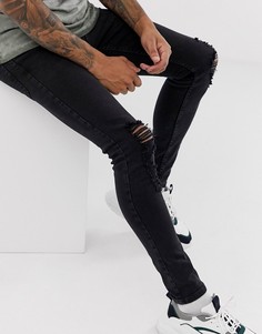 Черные выбеленные джинсы из органического хлопка со рваной отделкой и напылением Topman-Черный цвет