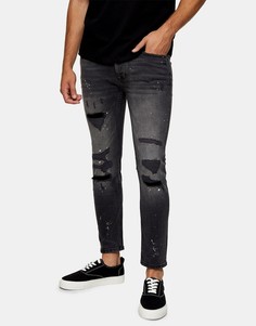 Черные выбеленные зауженные джинсы из органического хлопка со рваной закрашенной отделкой Topman-Черный цвет