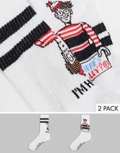 Набор из 2 пар белых носков с принтом "Wheres Wally" и логотипом ASOS DESIGN-Белый