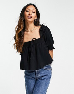 Черная блузка из жатой ткани с квадратным вырезом ASOS DESIGN-Черный цвет