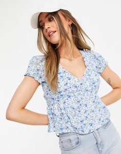 Голубой топ с объемными рукавами, оборками и цветочным принтом Hollister-Белый