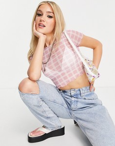 Розовая футболка из сетки в клетку Monki Laura-Розовый цвет